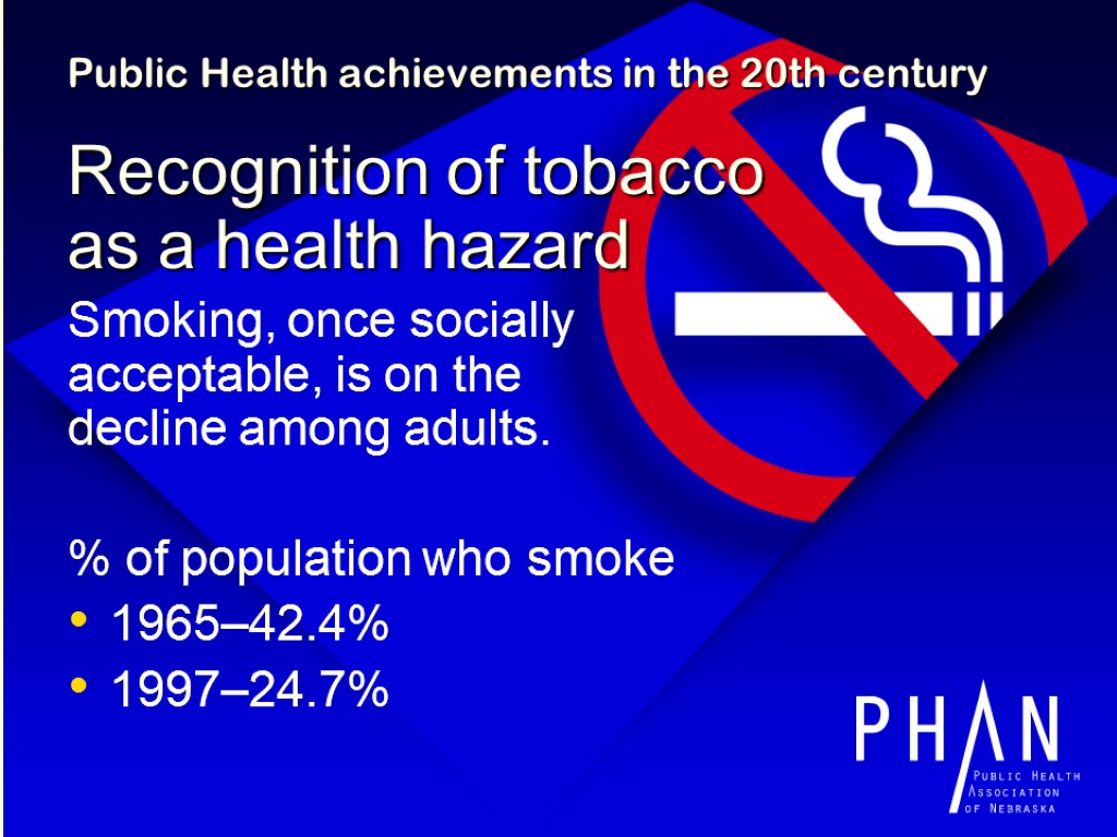 Public Health achievements in the 20th century Recognition of tobacco as a health hazard